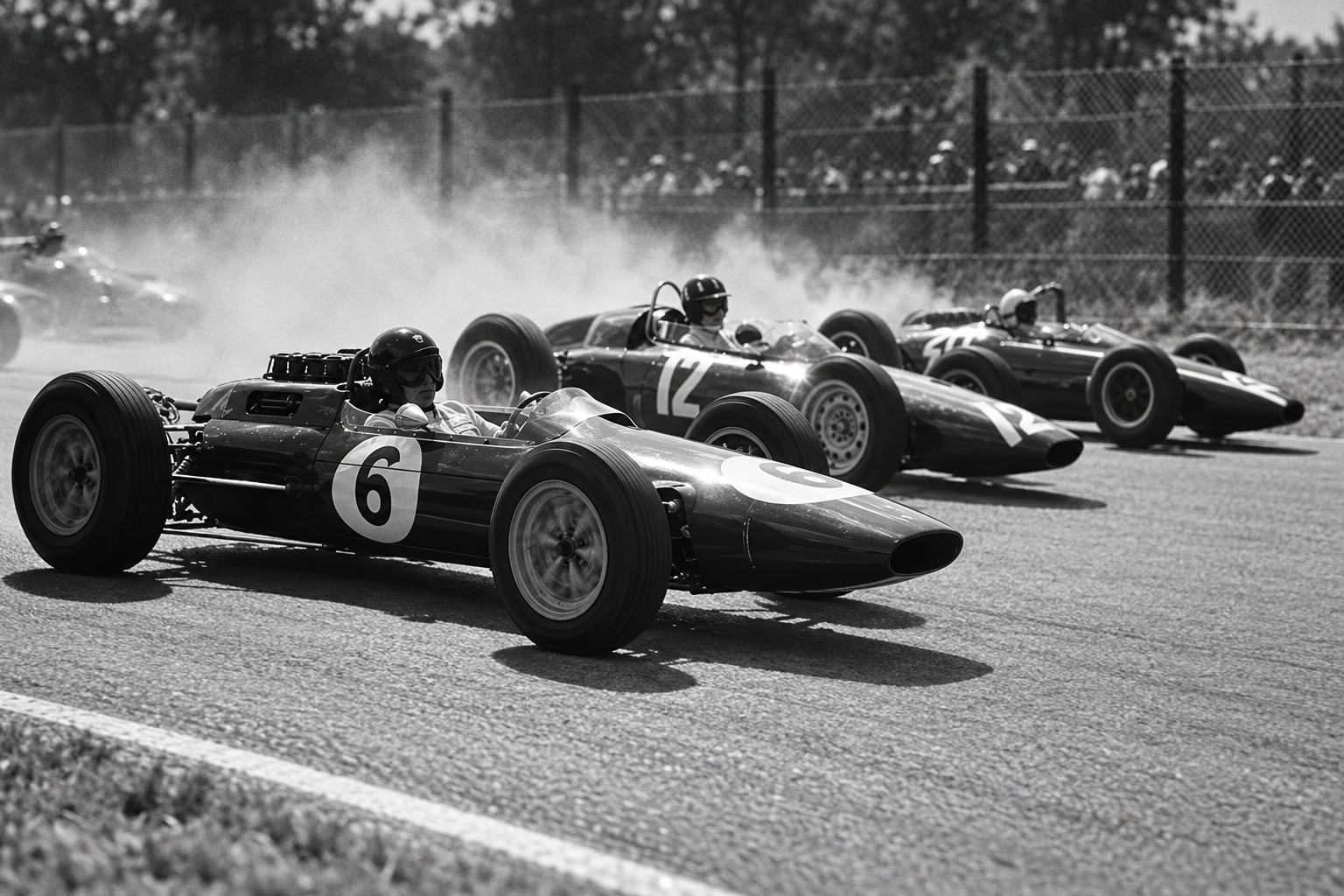 Vintage open-wheel racing cars on track
