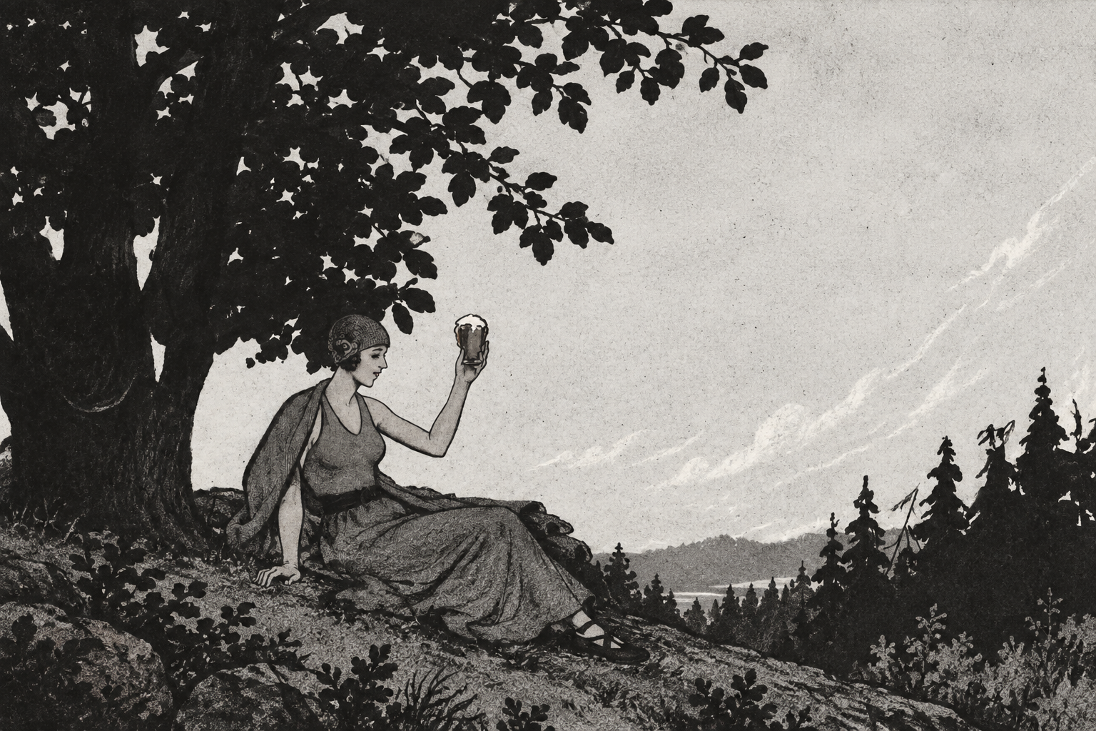 Vintage illustration of a woman raising a glass beneath a tree