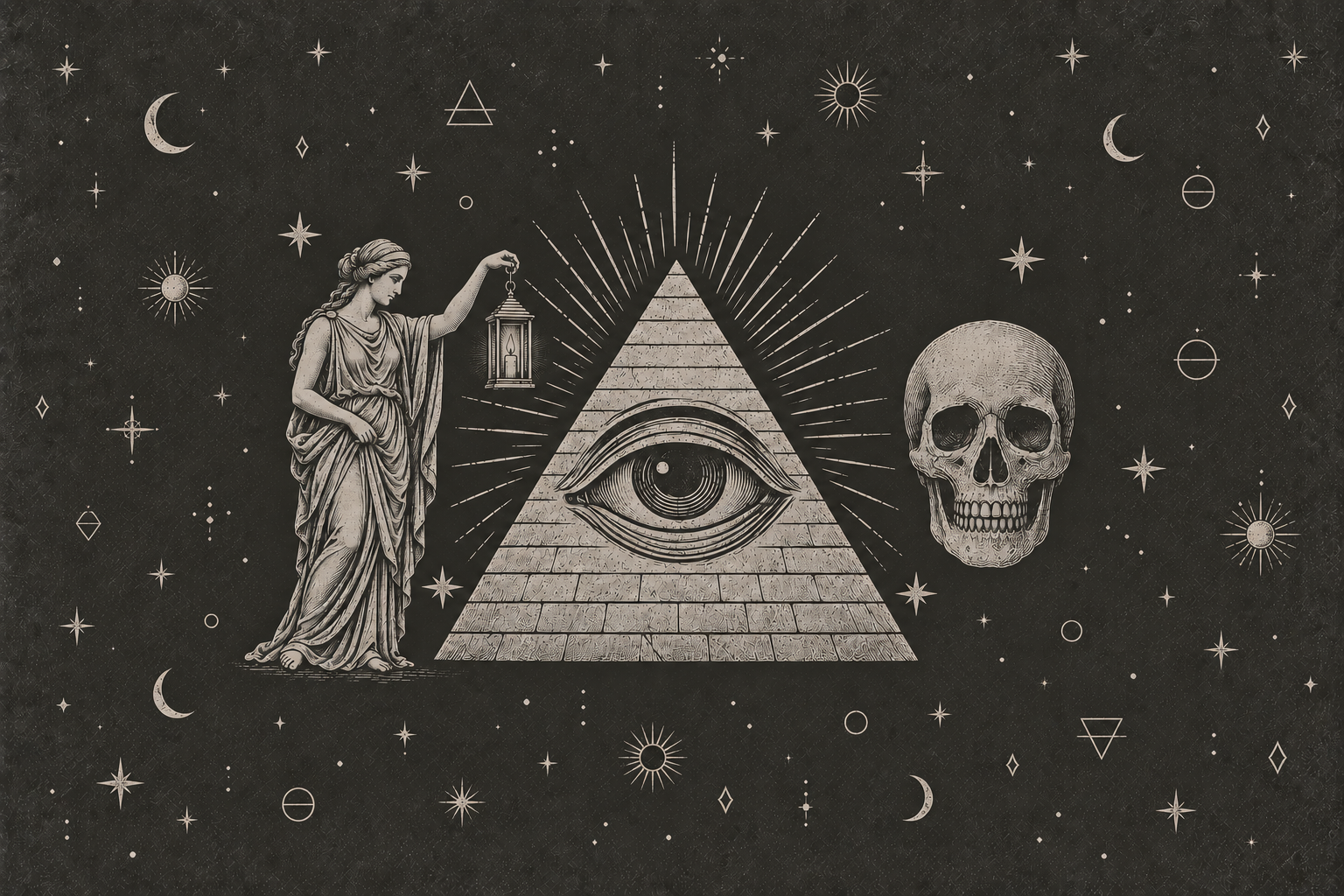 Vintage engraving of an eye within a pyramid, a lantern-bearing figure, and a skull